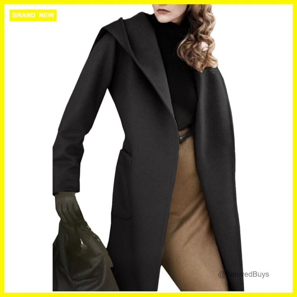 Wool Blend Trench Coat Long Sleeve Open Front Belted Casual Winter Coat